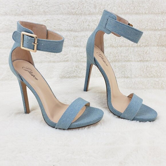 Light Denim Single Ankle & Toe Strap 4.5" High Heel Stiletto Shoes - Picture 1 of 10
